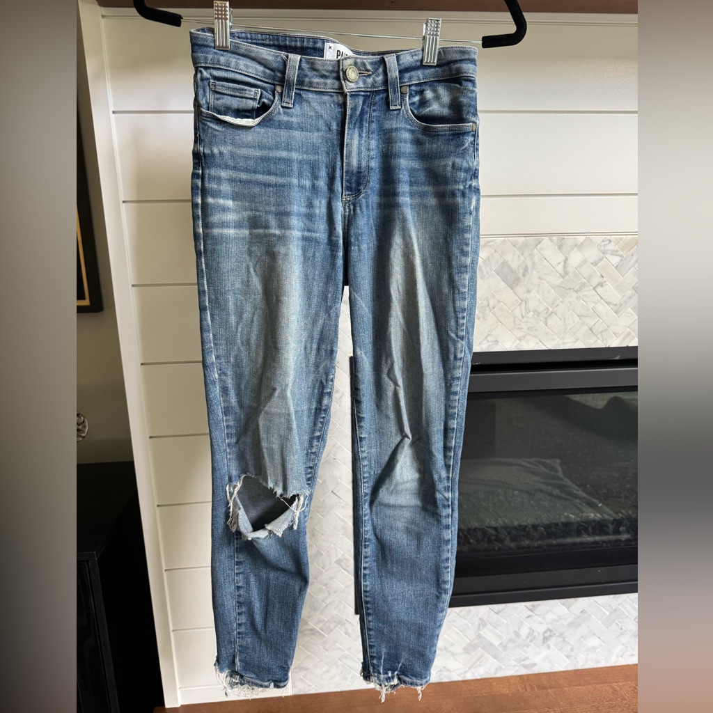 Paige Blue Skinny Jeans With Distressed Knee